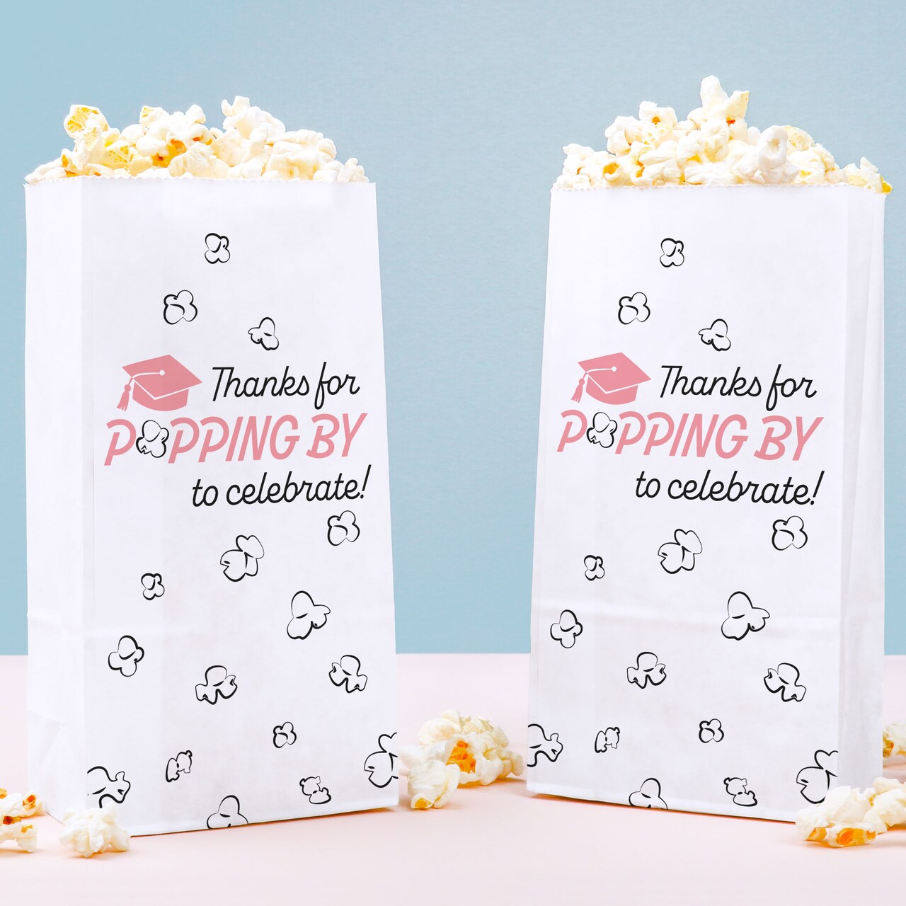 Big Dot of Happiness Pink Grad Thanks for Popping by Popcorn Bags, Rose Gold Pink Graduation Favor, Free-Standing Individual White Paper Bags - 25 Ct
